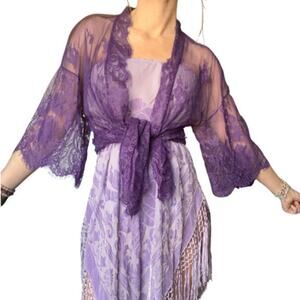 ✨ Sheer Lace Kimono – Purple Fairy Festival Layer – Romantic Boho Duster ✨